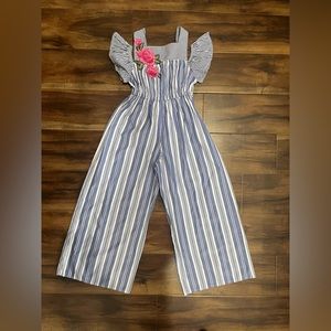Bonnie Jean Baby Blue & White Striped Wide Leg Jumpsuit Pink Roses Embroidered